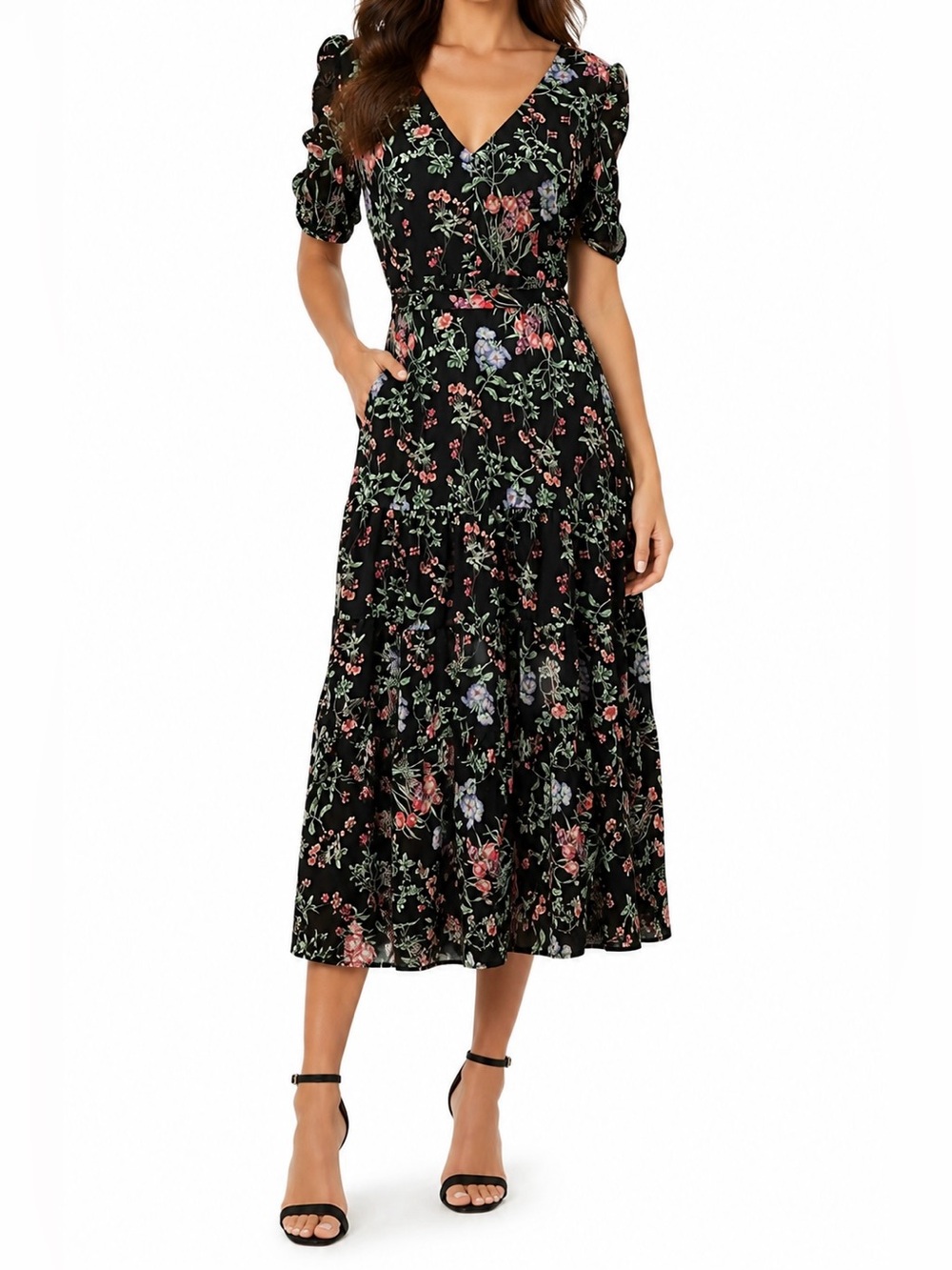 Forever 21 Women's Floral Black Georgette Fit and Flare Midi Casual Dress